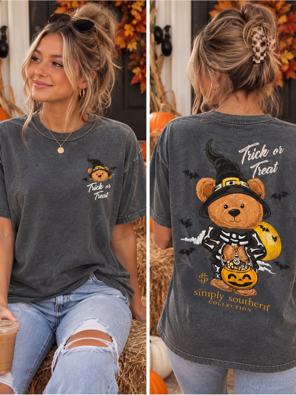 Simply Southern Charcoal Kids Tee with Halloween Bear Graphic